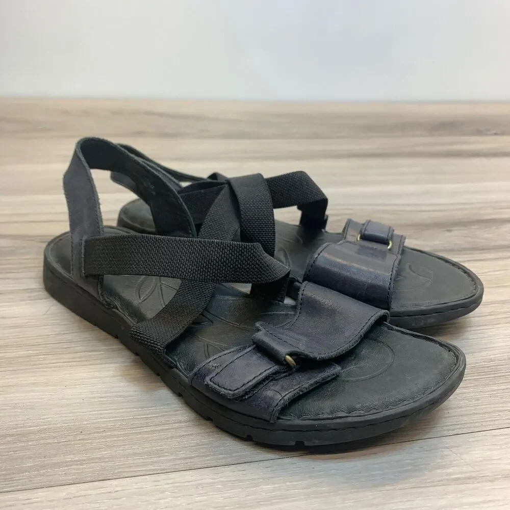 Womens Born Britton Black Navy Leather Criss Cross Strap Comfort Sandal Size 8 M